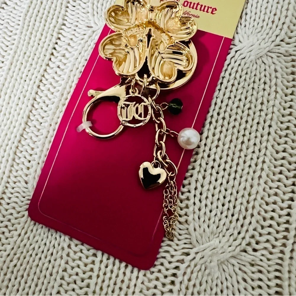 Juicy Couture New Lucky Clover Charm Keychain Gold and Green Accents Pearl
